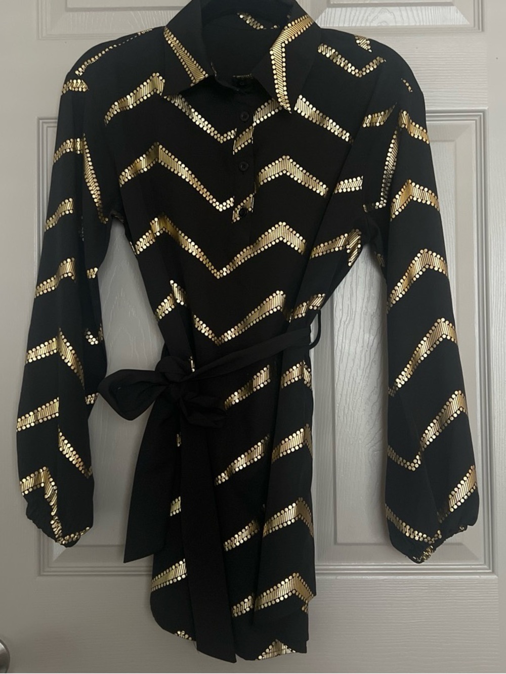 Black Blouse with Gold Chevron Metallic Stripes-small